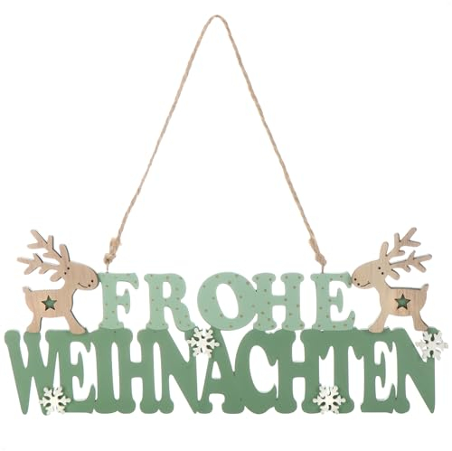 com-four® Hängedeko Weihnachten - Holz-Aufhänger mit Schriftzug für Weihnachten - Türschild aus Holz für Tür, Fenster oder Wand - Christmas Sign (grün + weiß + braun)