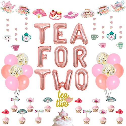 Sursurprise Tea for Two Birthday Party Decorations, Balloons, Cake Topper, Floral Tea Hanging Garland, Teapots Teacups Banner for Girls 2nd Birthday Party Supplies