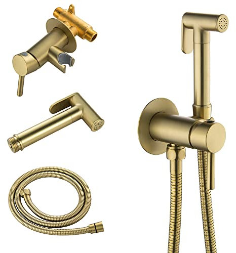 SHAMANDA Warm Water Bidet Sprayer for Toilet with Hot and Cold Brass Rough-in Valve, Stainless Steel Round Handheld Bidet Attachment Set for Feminine, Pets and Baby Diaper Wash, Brushed Gold, BDS09-3