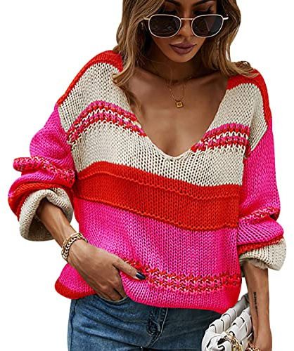 Pull Rayé Col V Femme Hiver Chic Pullover Pull Crochet Maille Oversize Ample Jacquard Manche Longue Large Femme Grande Taille Pulls Tricoté Femme Chaud Sweater Vintage Gros Pull Tricot Femme Rose XL