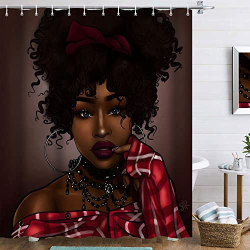 Rideaux de douche africains pour salle de bain - 152 x 183 cm - Rideau de douche pour femme noire - Rideaux de douche afro-américaine Queen rouge et noir - Tissu polyester imperméable - 12 crochets
