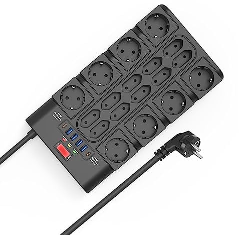 18 Fach Steckdosenleiste 3680W/16A mit 2100J Überspannungsschutz +2M Kabel, BEVA Mehrfachsteckdose mit 2 USB-C (15W)+ 4 USB-A, Mehrfachstecker mit Schalter, Steckdose für Büro, zu Hause