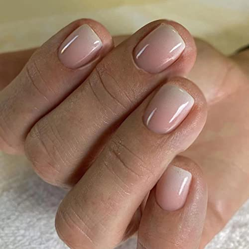 JUSTOTRY 24 Pcs Beige Carrés Faux Ongles Court Motif,Gradient French Press on Nails Courts,Glossy Nude Moyen Faux Ongle avec Colle Pour Femme et Ado,Square Faux Ongles à Coller Nail Art