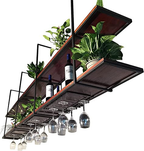 MAKIVI Weinregal zur Wandmontage – Hängeregal/Blumenregal |Eisen + Massivholz |Retro-Landhausstil |Küche, Restaurant, Bar, Weinkeller, Lagerraum, Lagerregal |Länge 100/120 cm Marriage