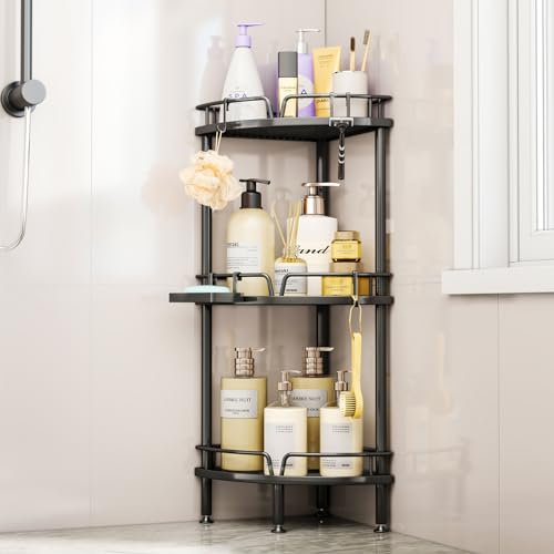 Consumest Étagère d'angle de douche – Organiseur de douche à 3 niveaux avec porte-savon, étagère d'angle haute avec pieds réglables et 4 crochets, étagère de rangement pour salle de bain (noir)