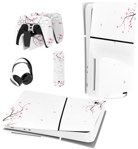 PlayVital Full Set Skin Sticker für ps5 Slim Konsole Disc Edition,Aufkleber Vinyl-Skin Stickers Schutzfolie Folie für ps5 Controller,Ladestation, Headset,Medienfernbedienung-Fallende Kirschblüten