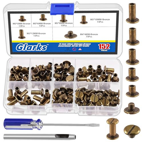 Glarks Lot de 150 vis Chicago en bronze assorties, M5 x 5 mm, 6 mm, 8 mm, 10 mm, 12 mm et vis à tête plate de 4 x 4 mm, rivets à clous Chicago