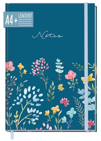 paper&you® Notizbuch liniert A4+ mit Gummiband Happy Flower 156 Seiten, 78 Blatt - liniertes Notebook, Bullet Journal, Skizzenbuch, Tagebuch - nachhaltig & klimafreundlich