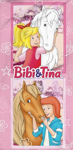 Bibi und Tina Badetuch Picture 75 x 150 cm Pink Rosa 100% Baumwolle Velours-Qualität Bibi Blocksberg Tina Pferde Mädchen Sabrina Amadeus Girl Strandtuch Handtuch Strandlaken Pass. z. Bettwäsche