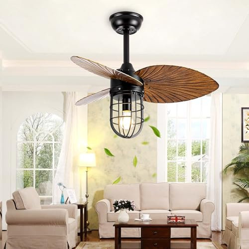Lrenjon 81cm Ventilador de Techo con Luz E27 Vintage, 3 Hojas Plafon Ventilador Techo 6 Velocidades Reversible Silencioso, Lampara Techo con Ventilador Rustica Hojas de Palma para Dormitorio Sala