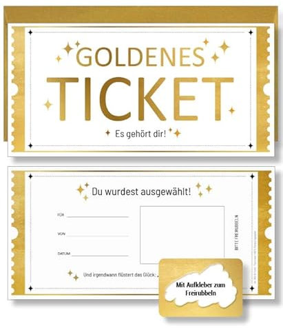 Frank Paperman® | 1x Set Goldenes Ticket Gutschein mit Umschlag & Rubbelaufkleber | personalisierte Geschenke | Rubbelkarten zum selber beschriften | Gutschein zum selber ausfüllen mit Rubbelaufkleber