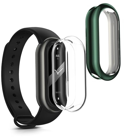 kwmobile Carcasa Compatible con Xiaomi Mi Band 8 Funda - 2X Protector Pantalla Completo - Ultrafino y antigolpes - Transparente/Verde
