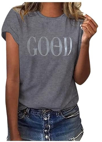 MeiLyviba T-Shirt Damen Sommer Kurzarm Mode Hemd Bluse O-Ausschnitt Motiv Sommershirt Oberteil Tops Pullover Casual Rundhals Damenbluse Kurzen Ärmel