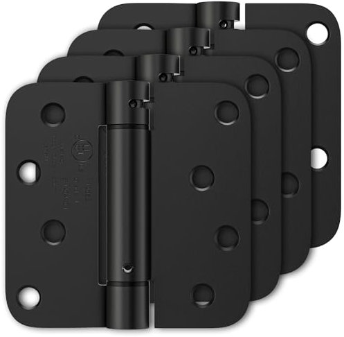 Luxbaro 4 Pack Self Closing Door Hinges 4 Inch, Matte Black Spring Loaded Hinges with 5/8'' Radius Corners, Adjustable Tension for Garage, Front Door, for Left and Right Hand Door, UL Listed