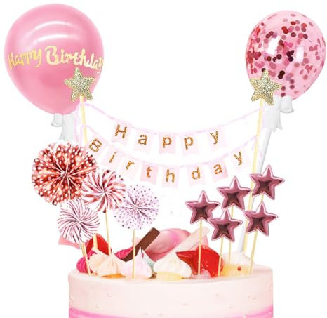 3D Decoration Gateau,Happy Birthday Decoration Gateau Rose Gold,Decoration Cake Topper Ballon Étoiles Topper avec Boule de Décoration pour Fête de D'anniversaire Fille