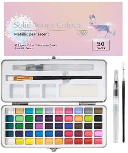 Aquarelle Set, 50 Couleurs Peinture Aquarelle, Solides Dans une Boîte Portable, Kit Aquarelle Peinture Comprennent 5 Couleurs Métalliques, Noël Idéal, Cadeau D'anniversaire pour Artistes et Débutants