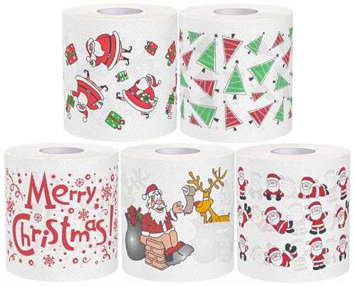 AOKWAWALIY Weihnachts Toilettenpapier 5 Rollen Lustige Papierrolle Weihnachtsmann Bedruckt Einwegpapier Serviettenpapier Weihnachtsparty Zubehör Für Tisch Badezimmer Dekoration