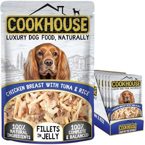 COOKHOUSE 100% Natural & Complete Luxury Wet Dog Food - 15 x 100g Pouches - Chicken Breast with Tuna & Rice - Fillets in Jelly