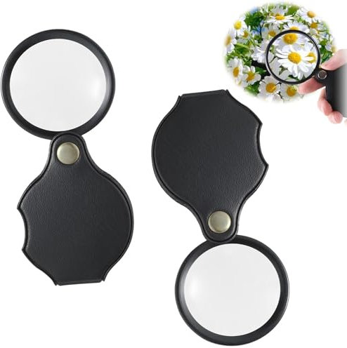 2 Stück Taschenlupe,10-Fache Mini Lupe,Tragbare Lupen,Faltbar Magnifying Glass,Kleine Lupe mit Schwarzes Lederetui,Lupe Klein,Vergrößerungsglas für Lesen Bücher Landkarten Zeitungen - 50mm