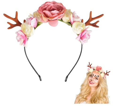Rentier Haarreif mit Blumen,Antlers Headband with Flowers Reindeer Accessories haarschmuck Für Weihnachten Kopfbedeckung Weihnachts stirnbänder Für Frauen Tier Kostüm Kostüme Zubehör Karneval Cosplay