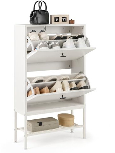 COSTWAY Schuhschrank mit 2 Klappen, Schuhkipper mit 4 verstellbaren Ablageflächen & offenem Regal, Schuhregal schmal für 15 Paar Schuhe, Schuhkommode für Eingang Flur, 60x24x106cm (Weiß)