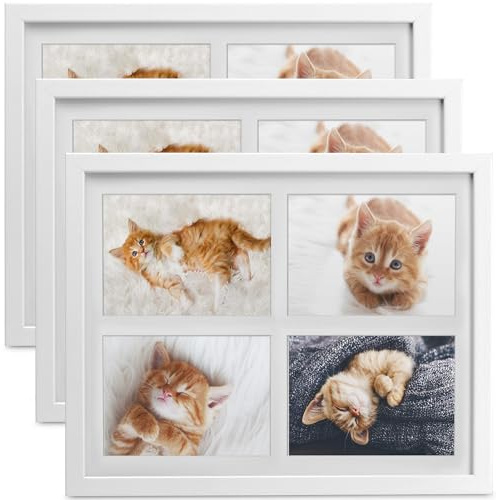 bomoe 3er Set Bilderrahmen Collage für 4 Fotos aus Holz Kunststoffglas | 10x15cm Weiß Passepartout Fotorahmen Multirahmen für Metall-Aufhängung Fotocollage Wand mehrere Bilder Galeria