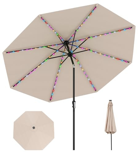 COSTWAY 2.9m/3m Garden Parasol, 8 Ribs Patio Umbrella with Tilt, LED Lights, Crank Handle & Vented Top, UV Protective Outdoor Table Sun Shade for Market Yard Pool (2.9m, Beige-with 96 Lights)
