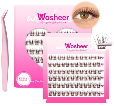 Wosheer 3D Pre Glued Lashes Self Adhesive Eyelashes Brown Cluster Lashes Look Eyelashes Kit with Tweezer No Glue Needed Reusable Cluster Lashes for D Curvature（Kesly Kit, 10mm-16mm）