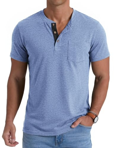 Volemo Mens Henley T-Shirts Short Sleeve Grandad T Shirt Summer Button Casual Pocket Tops Blue XL