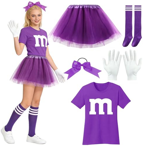 YeahBoom M und M Kostüm Damen,Faschingskostüme Damen GruppenKostüm,M T-Shirt mit Tutu Handschuhe Streifensocken und Haarschleife,M Aufdruck Tshirt Faschingskostüme,für Fasching Mottoparty Festival