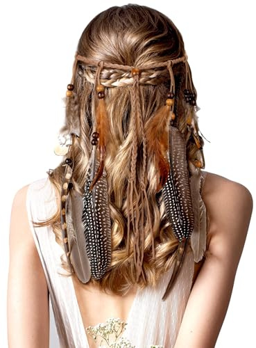 Feder Stirnband Boho Damen, Vintage Indianer Kopfschmuck, Hippie Haarschmuck Federn, Boho Stirnband mit Federn, Federquaste Kopfschmuck für Karneval Feiertagsparty (A)