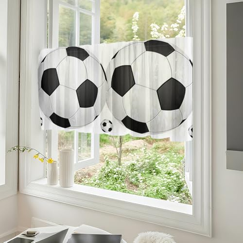 Fasbuy Tiermuster Scheibengardine Küchengardinen Bistrogardine 1 Stück, Wohnzimmer Küche Küchengardinen kurz mit Stangendurchzug für Landhausstil Bauernhaus Gardinen (Fußball,140x60cm)