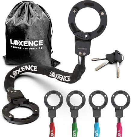 LOXENCE Lucchetto Monopattino Elettrico, Catena Bicicletta Antifurto (Nero) | Lucchetto a Manette ad Alta Sicurezza, 92 cm, con 3 Chiavi e Sacca con Coulisse, per Scooter Elettrici, Biciclette