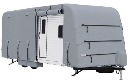GarveeTech Abdeckplane Wohnwagen Wohnwagensplane mit 4-Schicht-Technologie, Wasserdicht, Atmungsaktiv, UV-Beständig und mit stabilen Windschutzgurten für Reisemobile Aller Größen