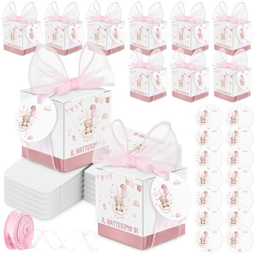 Jadive 50 Pezzi Scatole Bomboniere per Battessimo Maschio e Femmina – Set di Scatoline Portaconfetti con Etichette Personalizzabili per Nomi e Nastro Regalo, Tema Orsetto e Arcobaleno