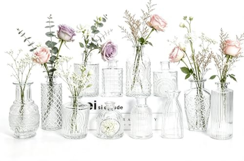 12 Stück, Kleine Glasvasen Small Vase, Vintage-Stil mit Strukturmuster, für Blumen und Heimdekoration (Transparent, 12 Stück)