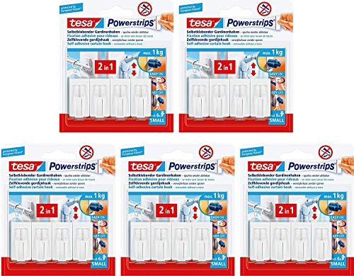 tesa Powerstrips Vario-Gardinenhaken / Selbstklebende Gardinenhaken ablösbar und mehrfach verwendbar (5er Pack Weiß)