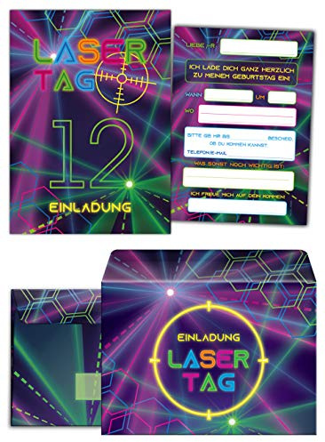 Junaversum 12 Einladungskarten incl. 12 Umschläge zum 12. Geburtstag zwölfte Kindergeburtstag Lasertag Party Mädchen Jungen/Laser Tag
