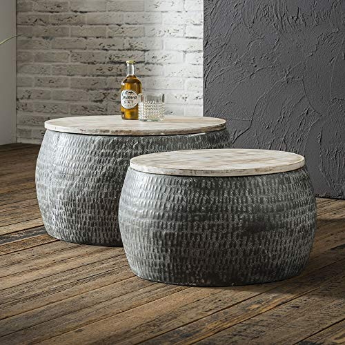 2er Set Couchtisch Tisch Tanhua Mangoholz Stahl 50x50x30cm, 60x60x35cm Wohnzimmertisch Sofatisch Beistelltisch Kaffeetisch Ziertisch Telefontisch