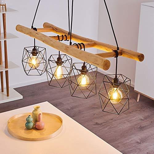 Pendelleuchte Kotor, Hängelampe aus Metall/Holz in Schwarz/Natur, 4-flammig, 4 x E27 max. 60 Watt, höhenverstellbare Hängeleuchte in Leiter-Optik mit Schirmen in Gitter-Optik, LED geeignet