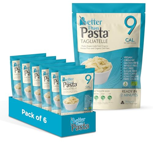 Better Than Pasta Tagliatelle Konjac Pasta 385g (Pack of 6) – Zero Carb Pasta Alternative, Made with Organic Konjac Flour & Organic Oat Fibre, Low Calorie, Gluten Free, Vegan, Sugar Free