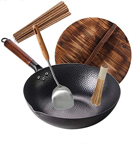 Vinbcorw Wok pan + wooden lid + chopsticks + bamboo brush + stainless steel scoop 304 with wooden handle, hand hammered wok made of carbon steel with wooden handle, fits all stoves,C
