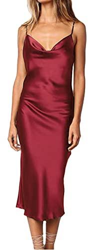 HAHAEMMA Robe décontractée pour femme - Sans manches - Bretelles spaghetti - Robe en satin - Robe de cocktail, plage, soirée, col de vache - Robe midi à pois - Léopard