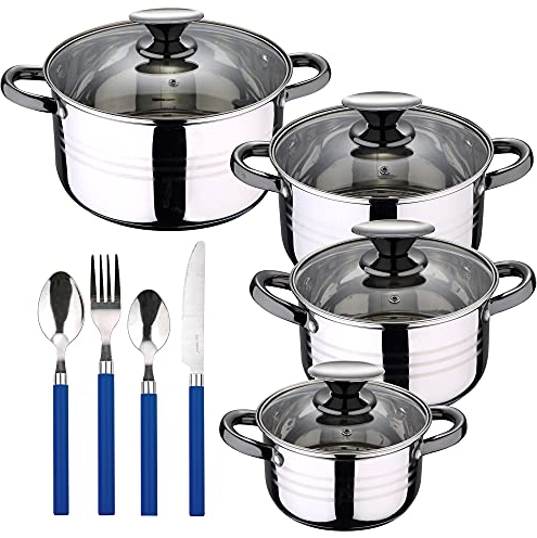 Bateria de cocina 8 piezas apta para induccion SAN IGNACIO Hita en acero inoxidable con cuberteria de 24 piezas en acero inoxidable en color azul
