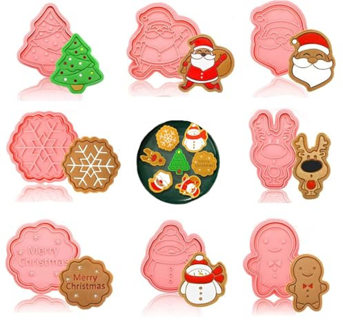 8 Pcs Moldes Galletas de Plástico Navidad, Juego de Cortadores de galletas, 3D pressables, para Decoración de Fiesta