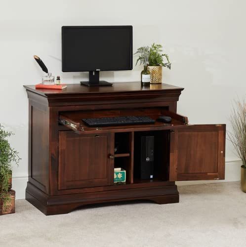 The Furniture Market French Hardwood Mahogany Stained Hideaway Computer Desk – Includes Pull-Out Keyboard Drawer, Printer Shelf, and Storage Space, Solid Acacia - H 775mm x W 970mm x D 460mm