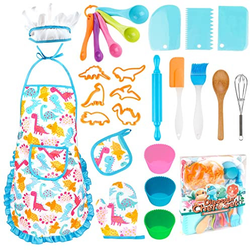 KAEGREEL Cucina Giocattolo per Bambini, 26Pz Set Utensili Cucina da Forno con Grembiule Dinosauro/Cappello Chef/Cucchiai/Frullino, Regali di Ruolo da Chef per Ragazzi Ragazze 3+ Anni (Blu)
