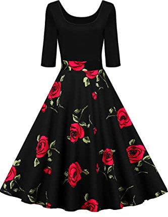 AXOE Femme Robe Mariage Invitée Vintage Année 50 Pin up Manche 3/4 Noir avec des Rose Fleurie F1B, Taille 40, M