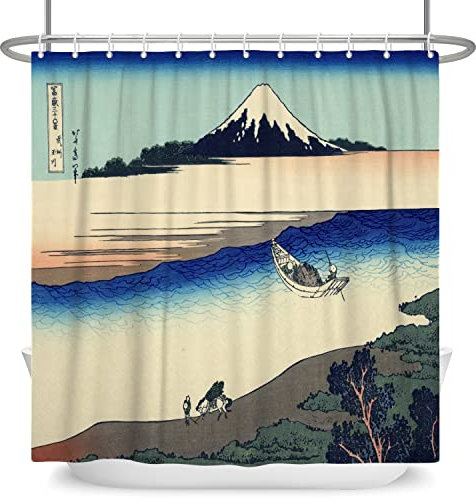 SDOTPMT 122x183cm Japanisch Ukiyo-e Animes Duschvorhang Berg Fuji Kanagawa Ozean Landschaft Insel Badevorhang Orient Traditionell Ethnisch Badewannenvorhang für Badezimmer Polyester mit Haken