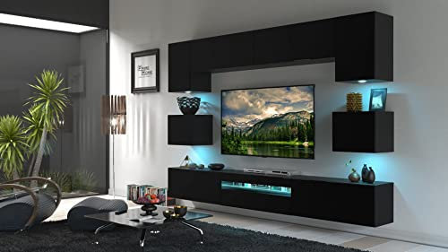 Furnitech Wohnwand Wohnzimmer - Wohnzimmer Möbel mit LED RGB - 16 Farben - Hängend Wohnwand Modern - Wohnzimmer Schrankwand mit Regale und TV Schrank (Besta GAN1-17B-M7-1B Matt)